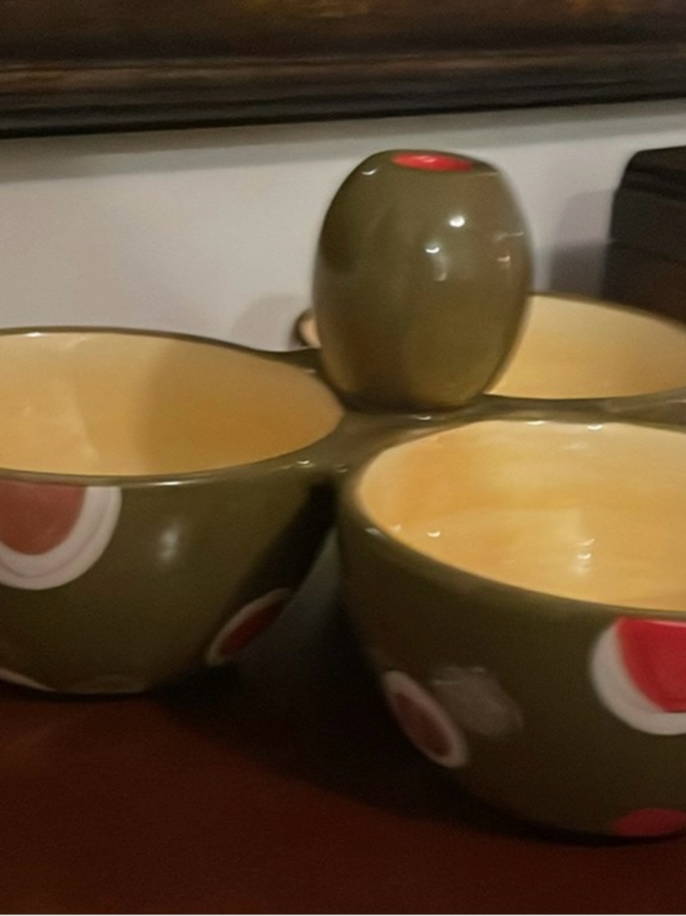 Olive Green Ceramic Triple Snack Server with Red Dot Accents